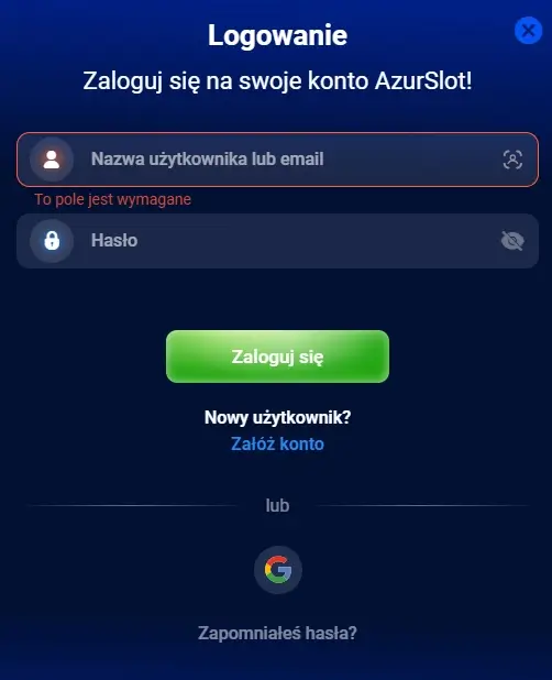 formularz logowania do Azur Slot Casino